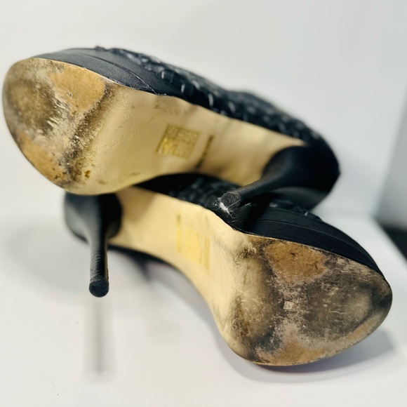 Mea Shadow Heels Gladiator Stiletto Platform BLACK Woven Leather SZ 6 - Picture 15 of 16